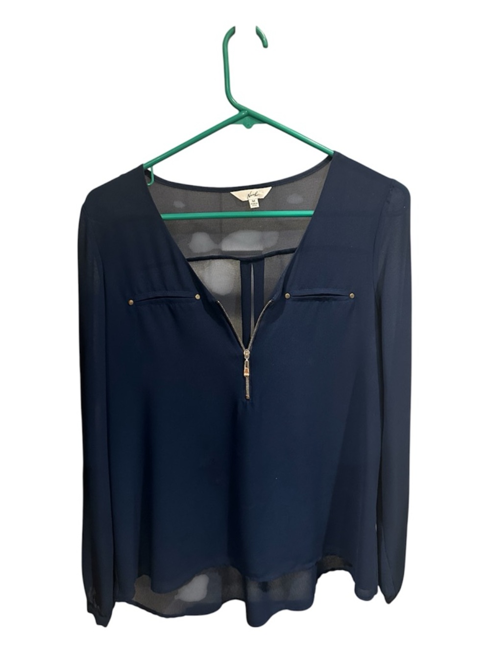 Noroh Navy Zip-Front V-Neck Blouse